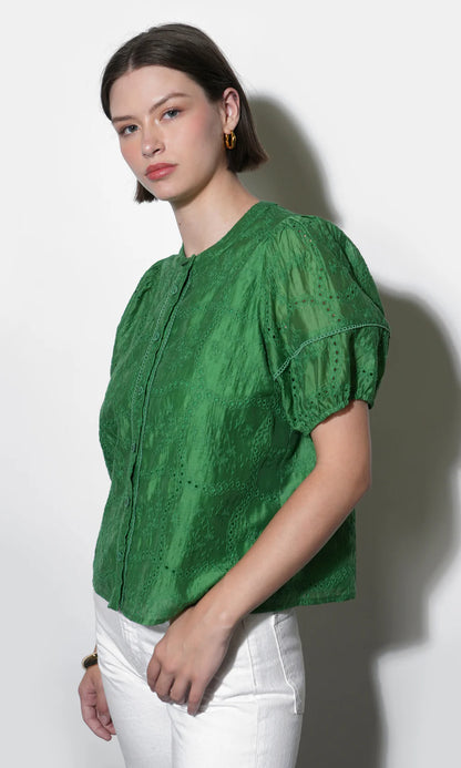 Sadie Puff Sleeve Eyelet Embroidered Blouse - Retro Green