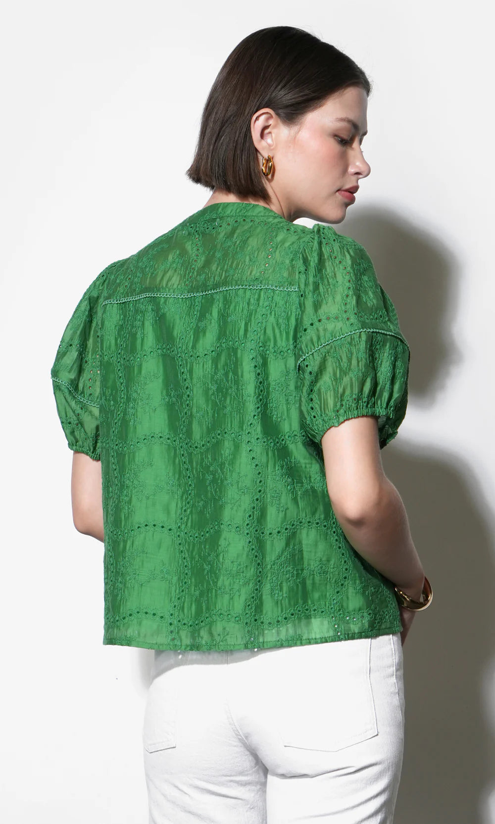 Sadie Puff Sleeve Eyelet Embroidered Blouse - Retro Green
