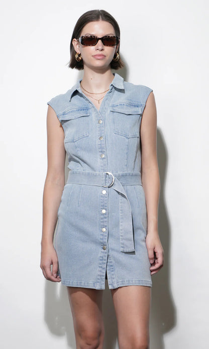 Madison Sleeveless Denim Mini Belted Dress - Light Wash Denim