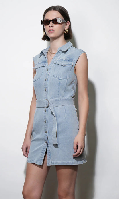 Madison Sleeveless Denim Mini Belted Dress - Light Wash Denim