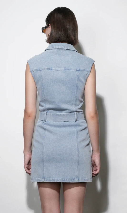 Madison Sleeveless Denim Mini Belted Dress - Light Wash Denim