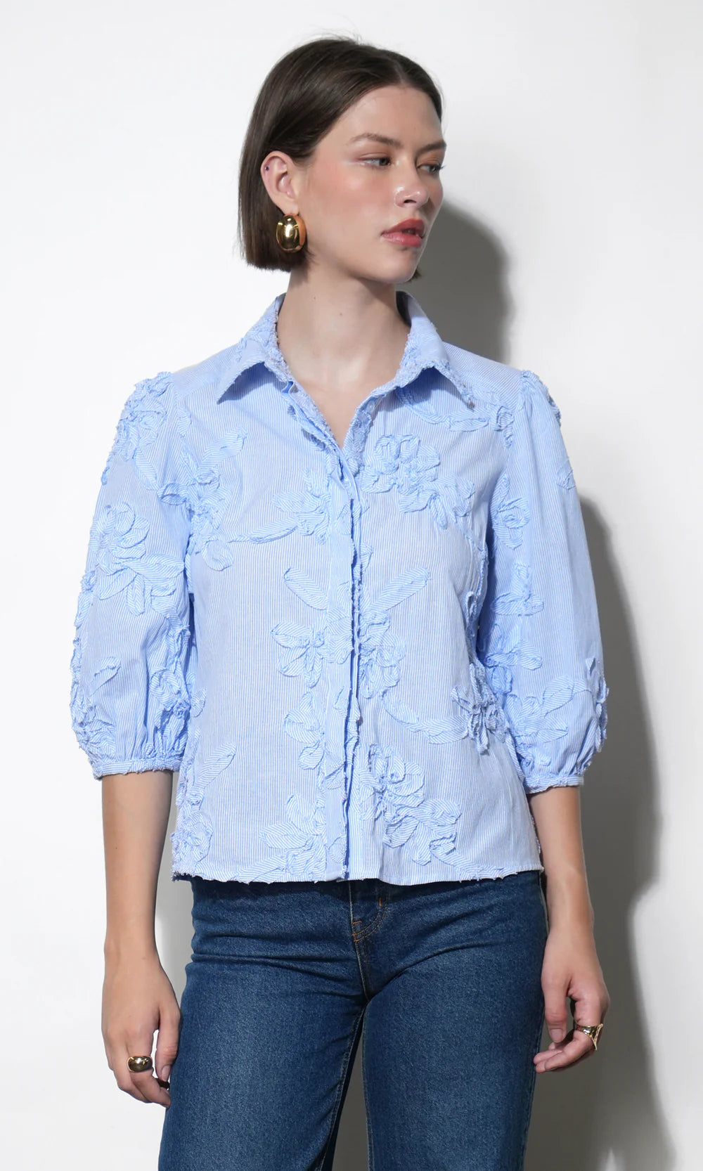 Eleanor Stripe Puff Sleeve Blouse - Light Blue