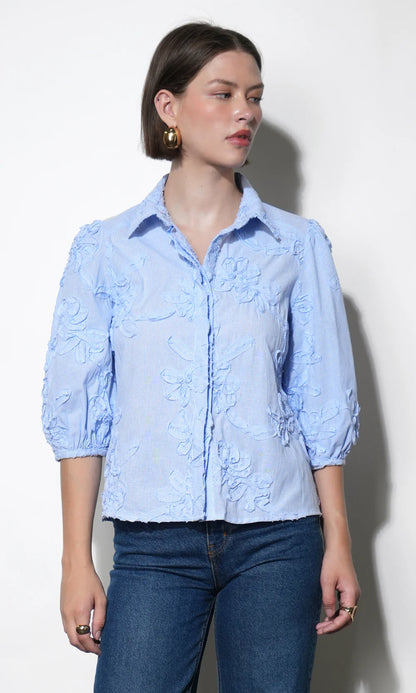 Eleanor Stripe Puff Sleeve Blouse - Light Blue