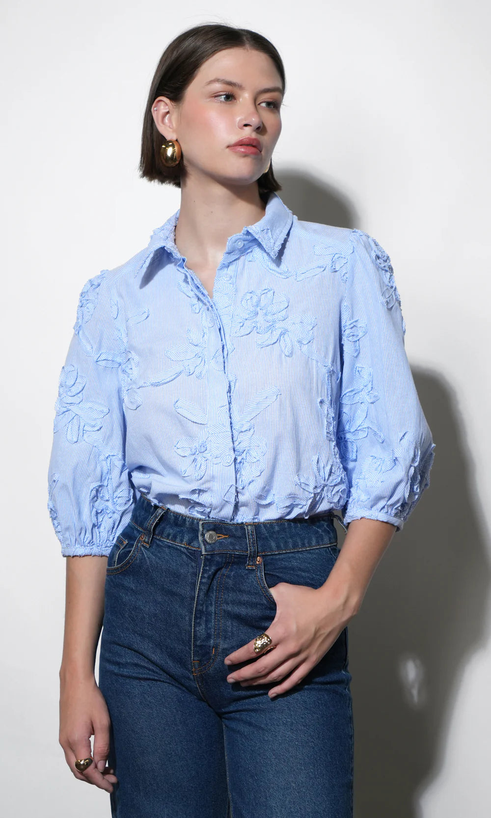 Eleanor Stripe Puff Sleeve Blouse - Light Blue