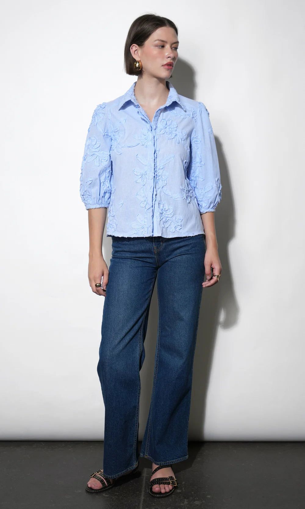 Eleanor Stripe Puff Sleeve Blouse - Light Blue