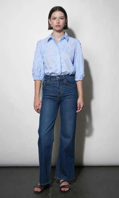 Eleanor Stripe Puff Sleeve Blouse - Light Blue