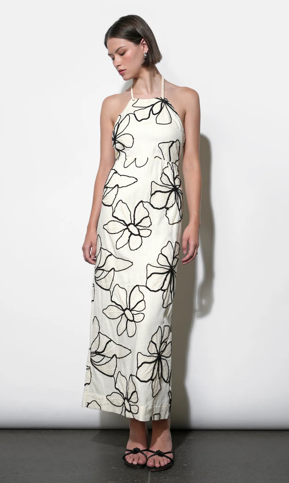 Josie Large Embroidery Floral Halter Midi Dress - Ivory/Black