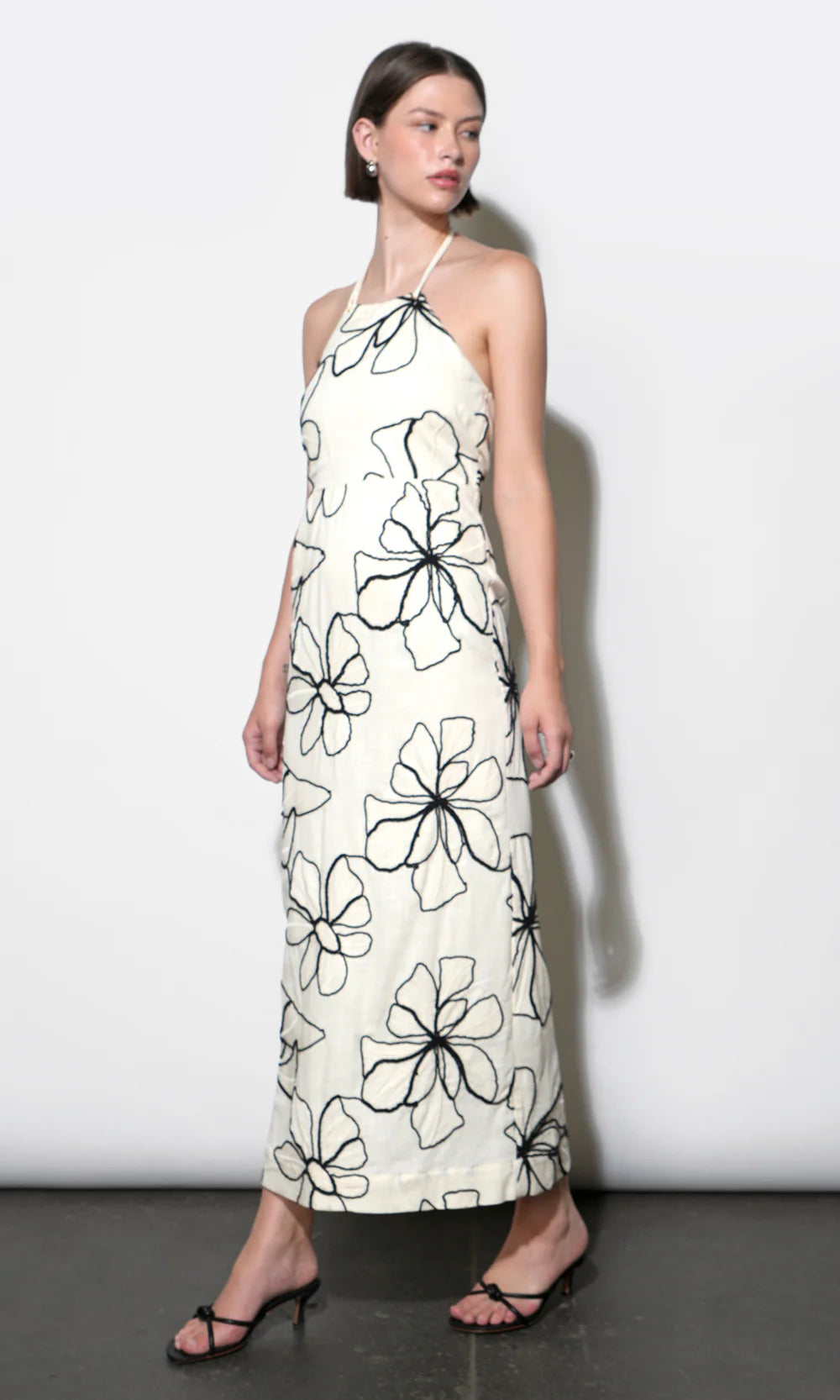 Josie Large Embroidery Floral Halter Midi Dress - Ivory/Black