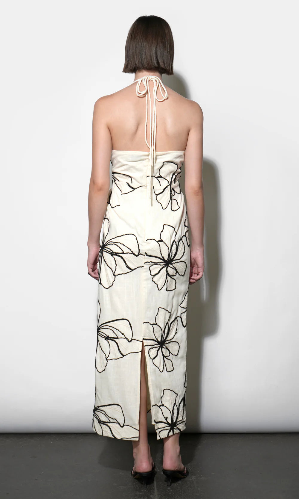 Josie Large Embroidery Floral Halter Midi Dress - Ivory/Black