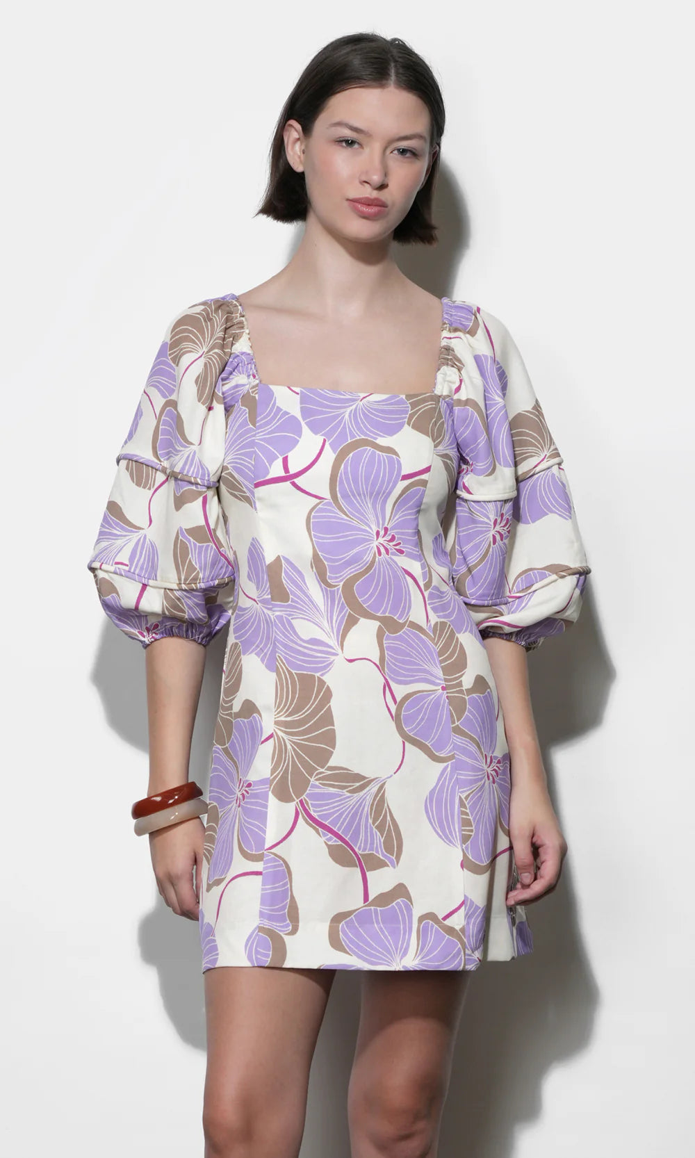 Emery Bubble Sleeve Piped Mini Dress - Cream/Lilac