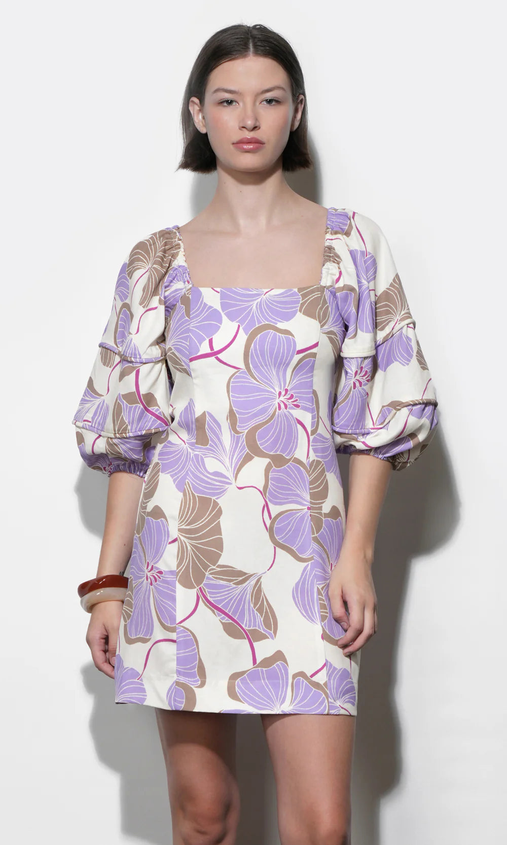 Emery Bubble Sleeve Piped Mini Dress - Cream/Lilac