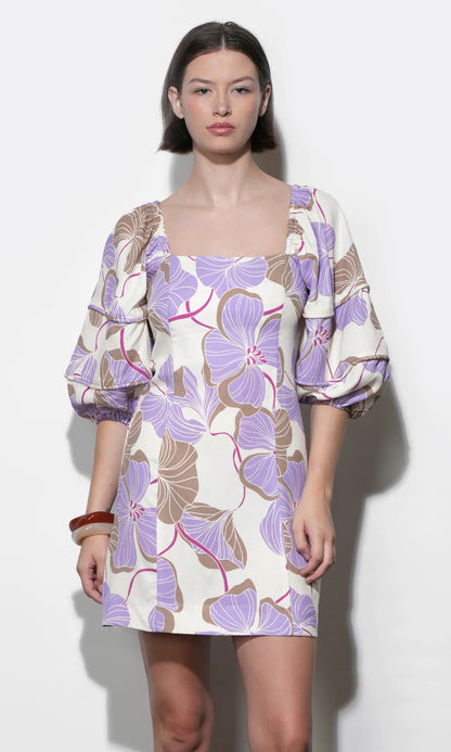 Emery Bubble Sleeve Piped Mini Dress - Cream/Lilac