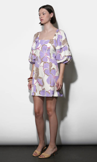 Emery Bubble Sleeve Piped Mini Dress - Cream/Lilac