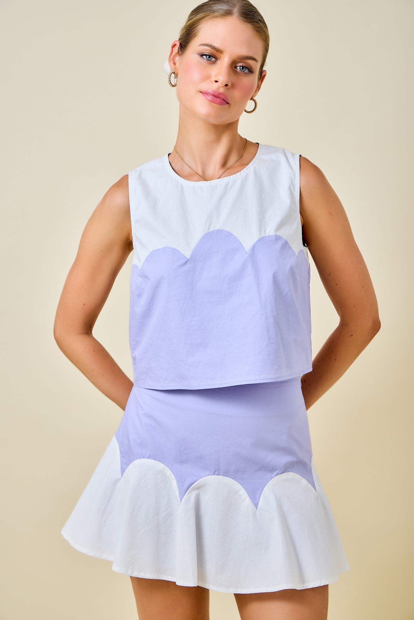 Scalloped Colorblock Cropped Top & Mini Skirt Set - Lavender/White