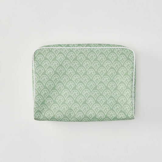 Large Patterned Toiletry Bag - Green Block Print