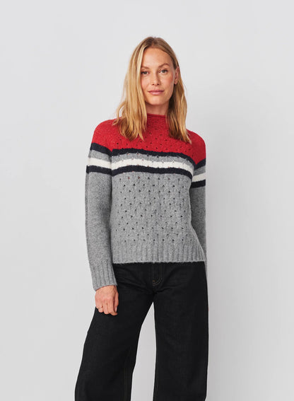 Funnel Neck with Chest Stripes & Cables Sweater in Heather Grey