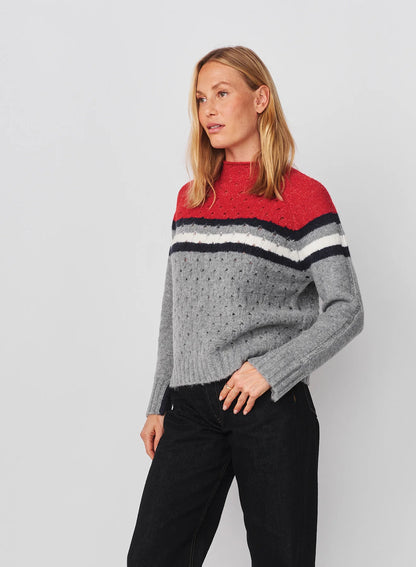 Funnel Neck with Chest Stripes & Cables Sweater in Heather Grey