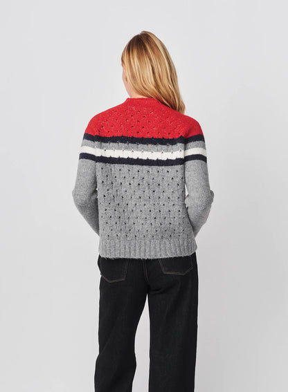 Funnel Neck with Chest Stripes & Cables Sweater in Heather Grey