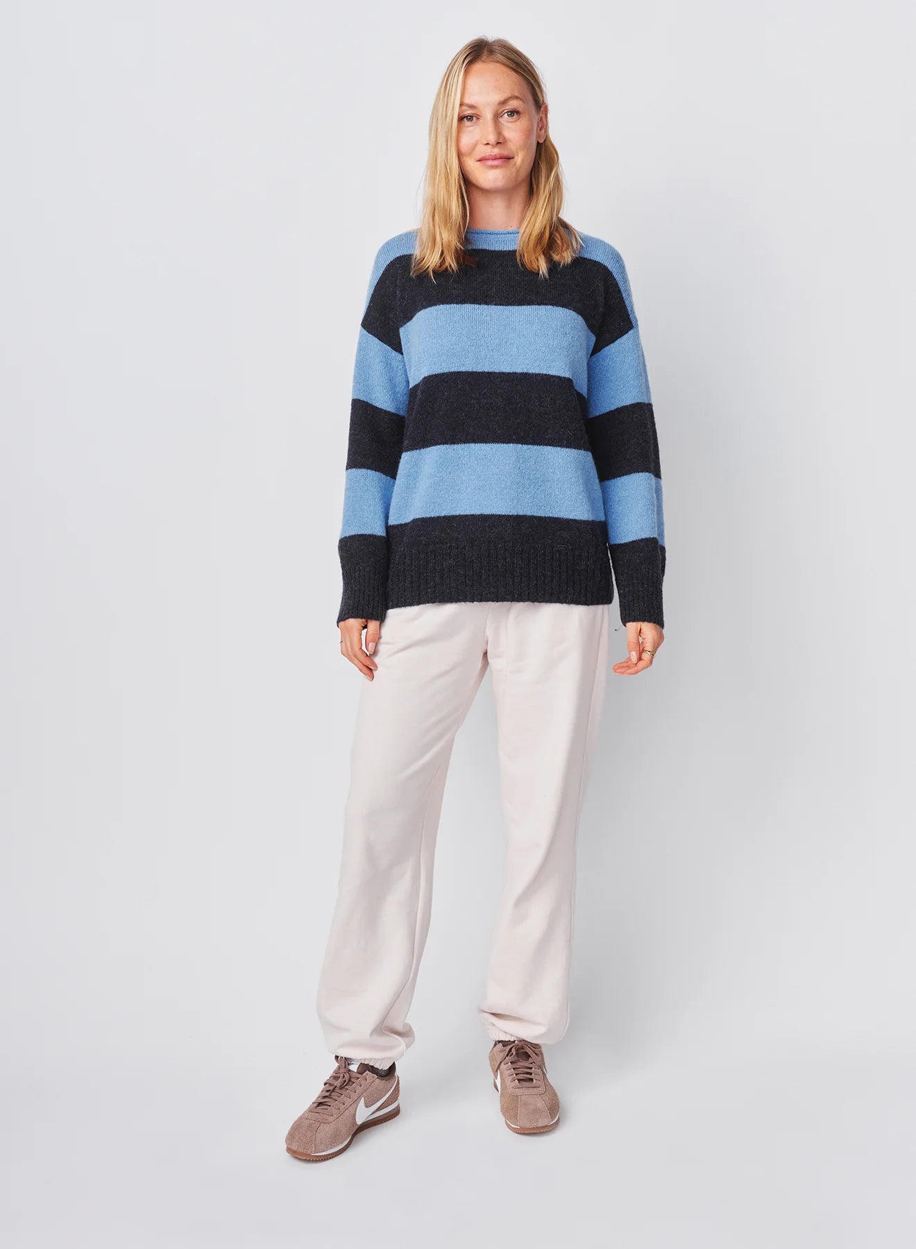 Bold Stripe Tunic Sweater With Embroidery In Blue Ice
