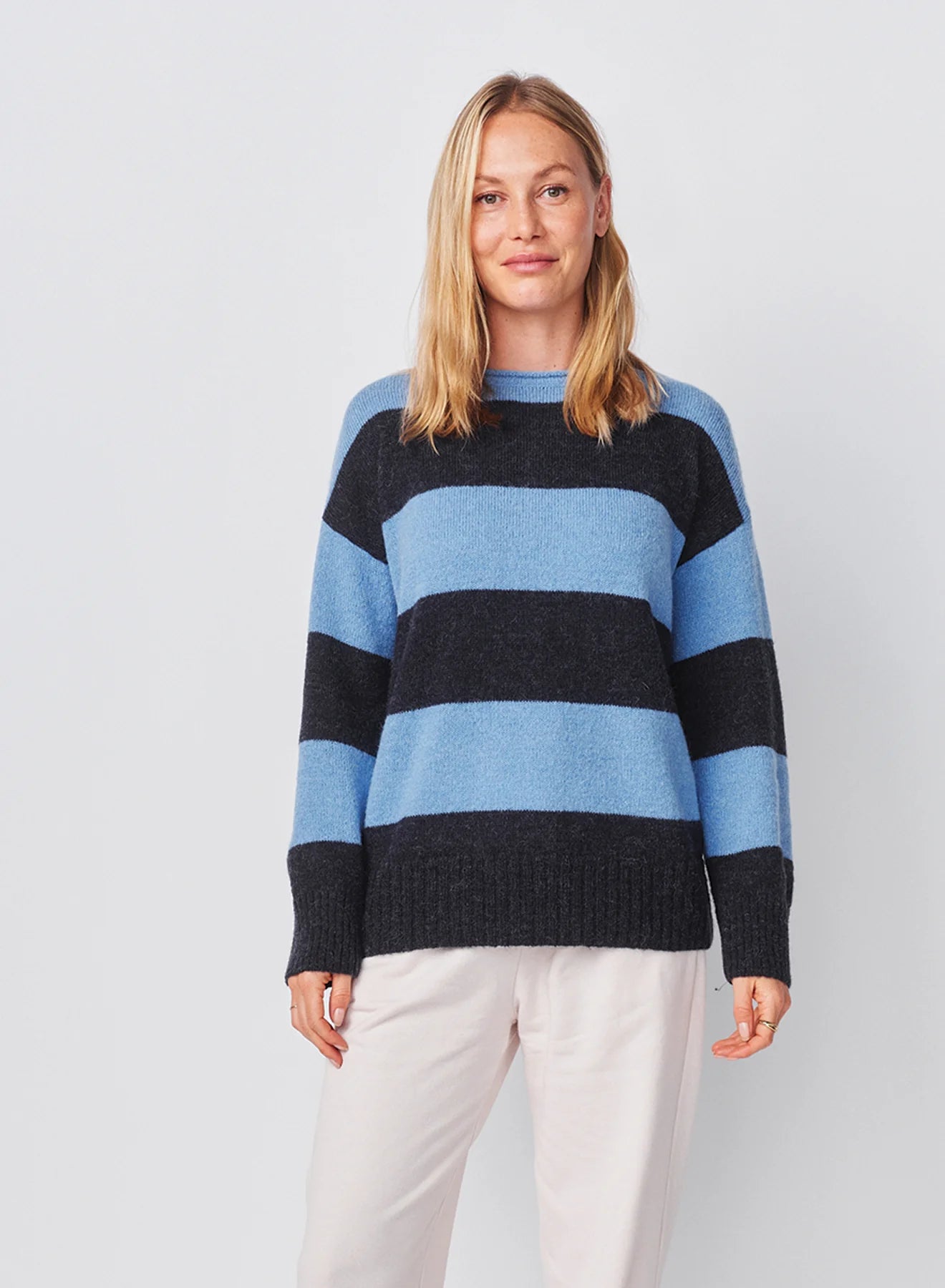 Bold Stripe Tunic Sweater With Embroidery In Blue Ice
