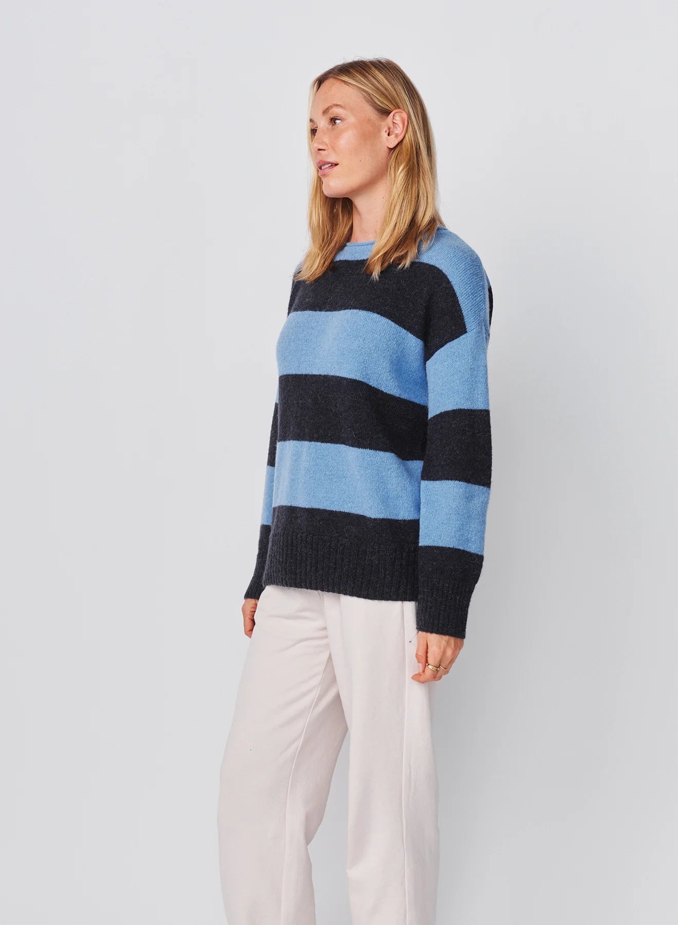 Bold Stripe Tunic Sweater With Embroidery In Blue Ice