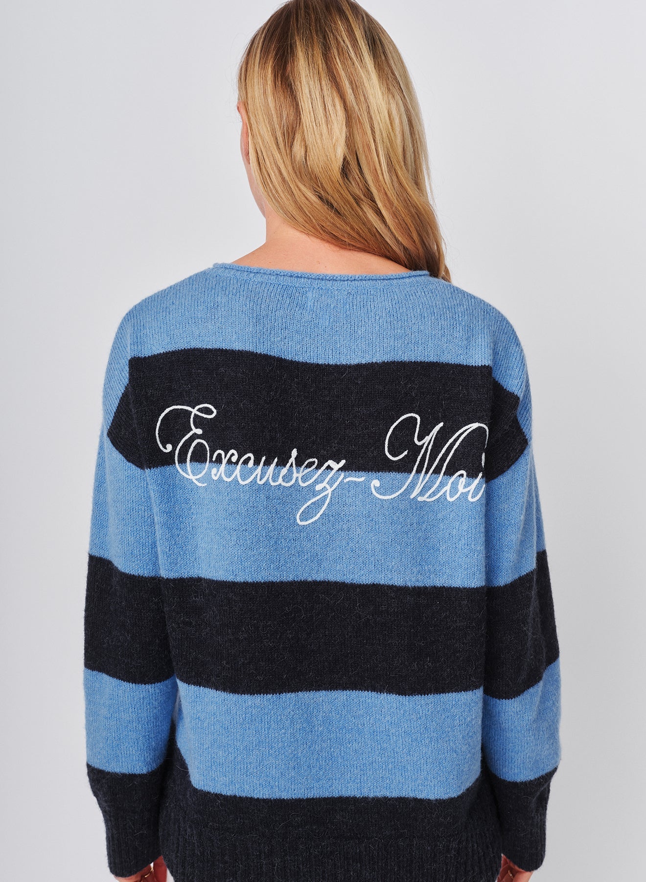 Bold Stripe Tunic Sweater With Embroidery In Blue Ice