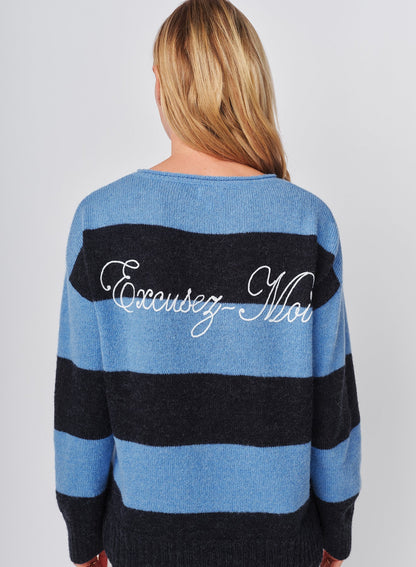 Bold Stripe Tunic Sweater With Embroidery In Blue Ice