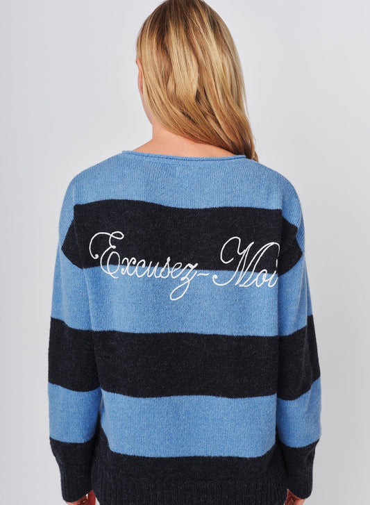 Bold Stripe Tunic Sweater With Embroidery In Blue Ice