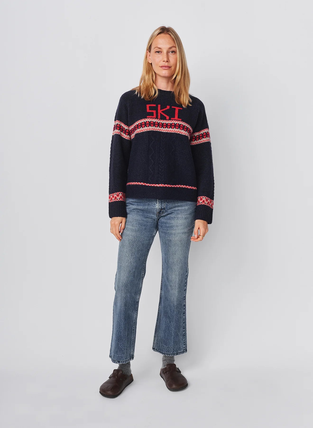 Jacquard & Cable Pullover Sweater In Deep Navy