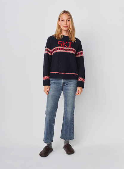 Jacquard & Cable Pullover Sweater In Deep Navy