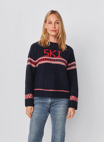 Jacquard & Cable Pullover Sweater In Deep Navy