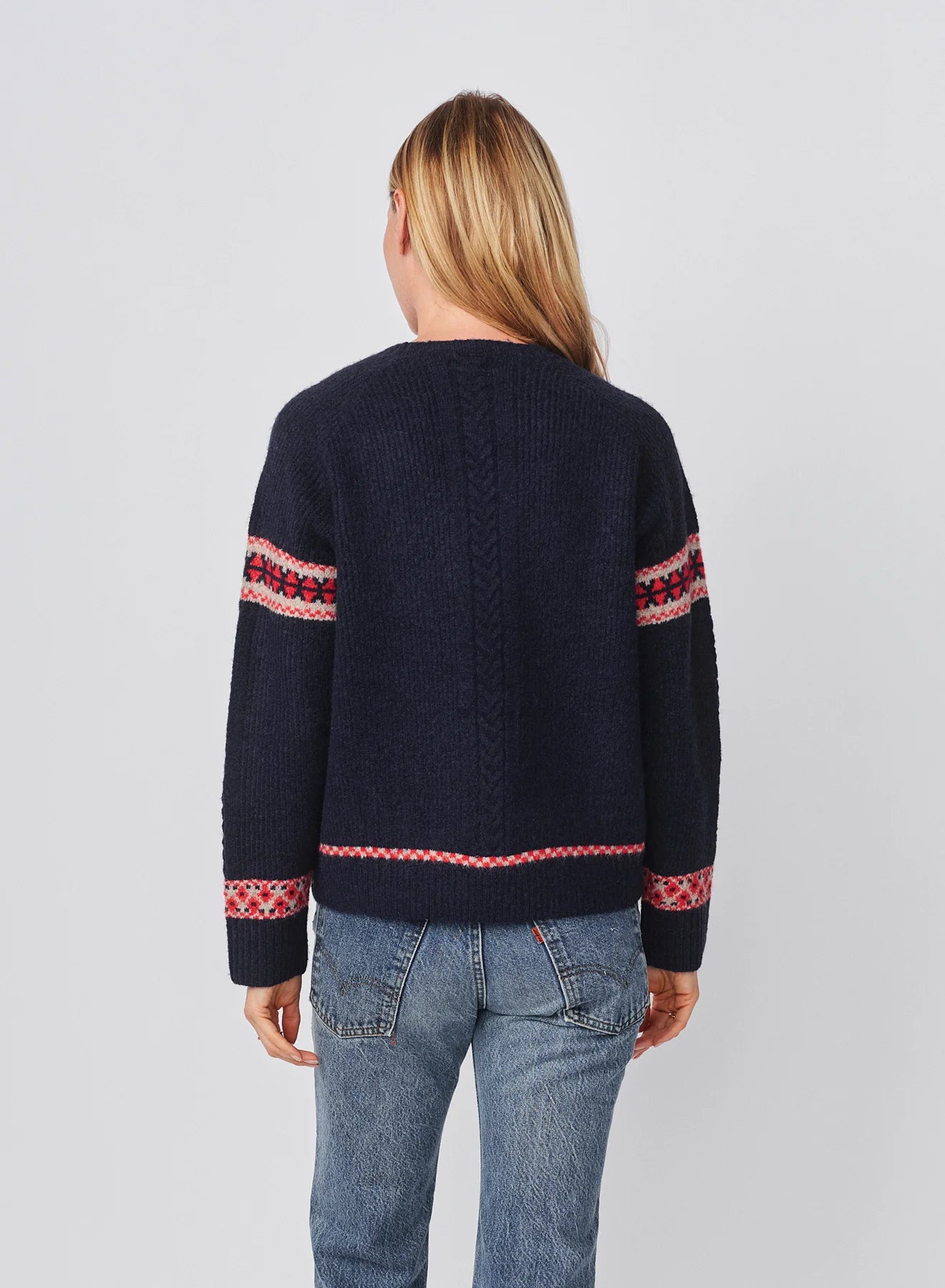 Jacquard & Cable Pullover Sweater In Deep Navy