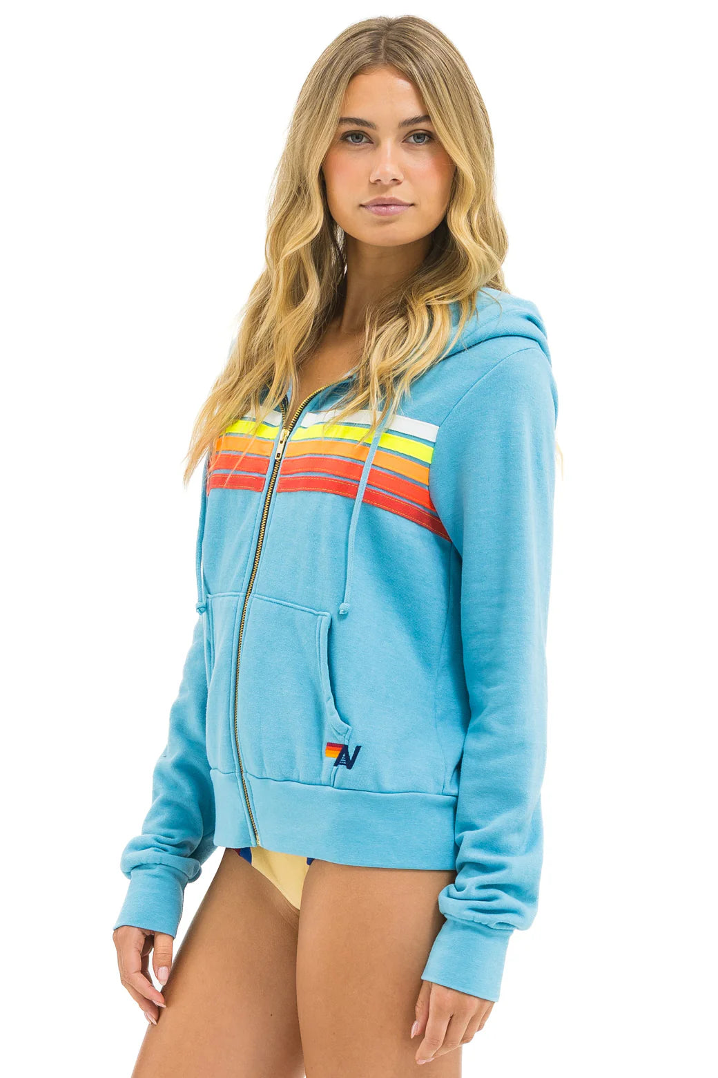 5 Stripe Zip Hoodie - Aqua // White Neon