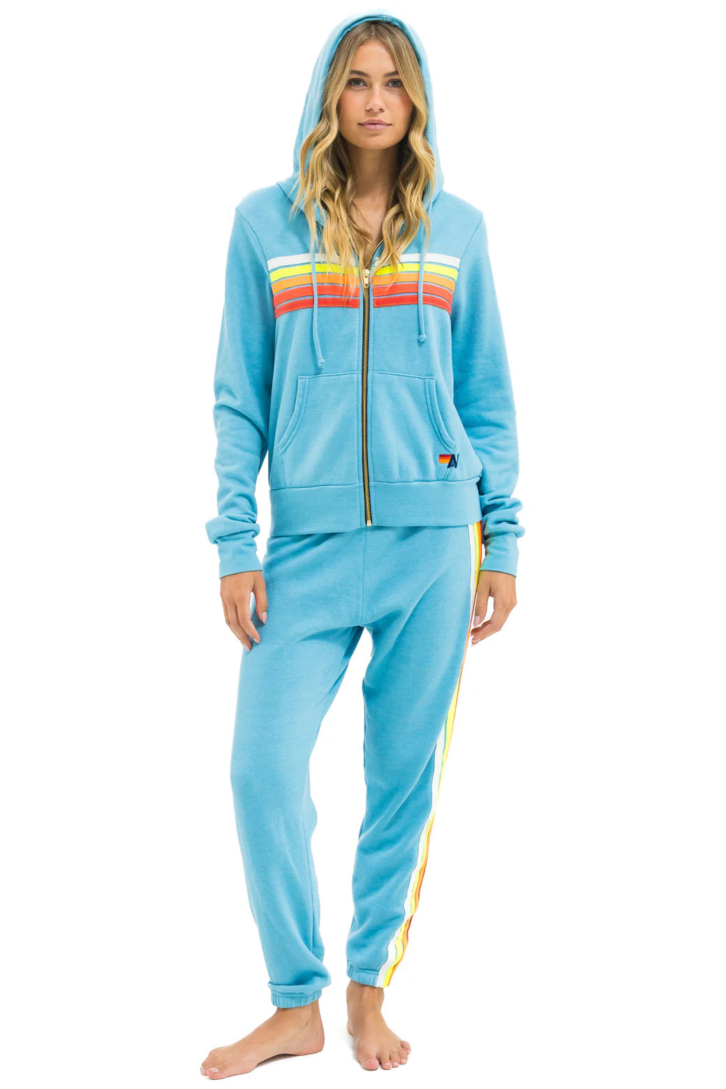 5 Stripe Zip Hoodie - Aqua // White Neon