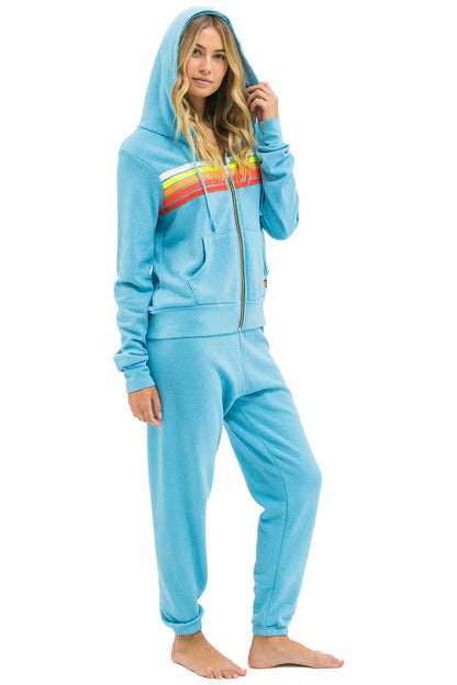 5 Stripe Zip Hoodie - Aqua // White Neon