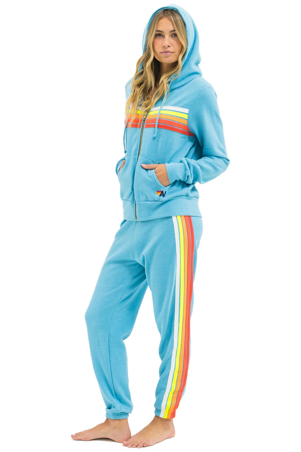 5 Stripe Zip Hoodie - Aqua // White Neon