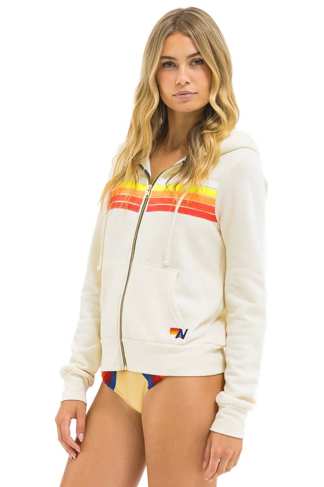5 Stripe Zip Hoodie - Vintage White // White Neon