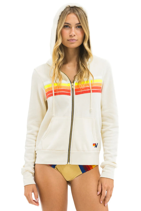 5 Stripe Zip Hoodie - Vintage White // White Neon