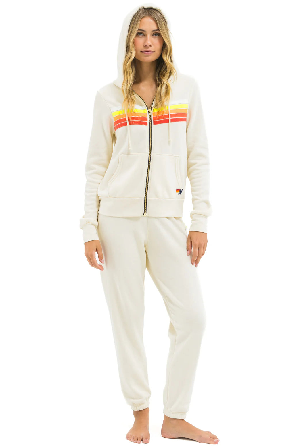 5 Stripe Zip Hoodie - Vintage White // White Neon