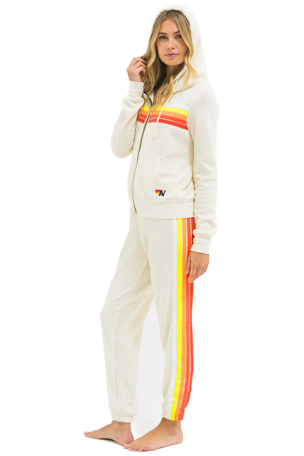 5 Stripe Zip Hoodie - Vintage White // White Neon