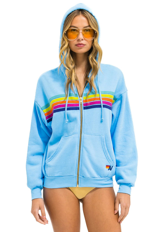 Aviator Nation - 5 Stripe Relaxed Zip Hoodie - Sky/Rainbow