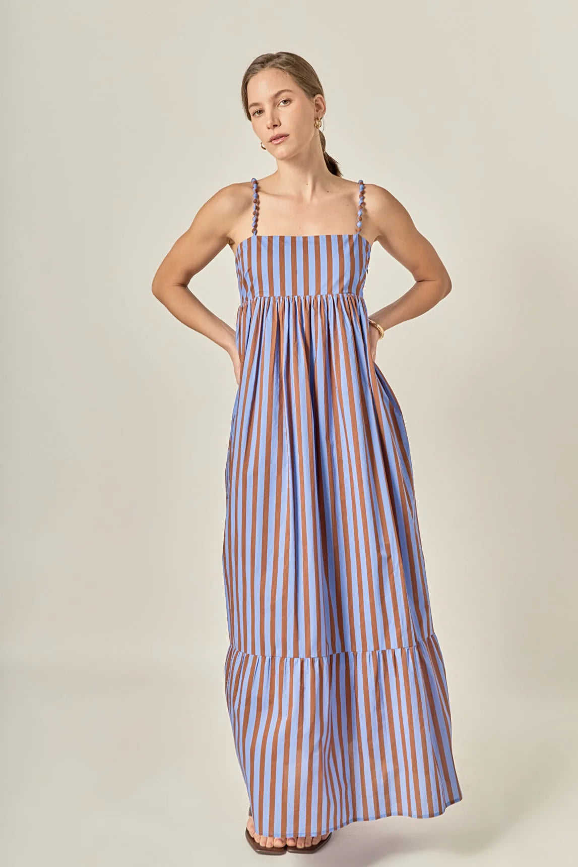 Bold Stripe Beaded Strap Maxi Dress - Blue/Brown Stripe
