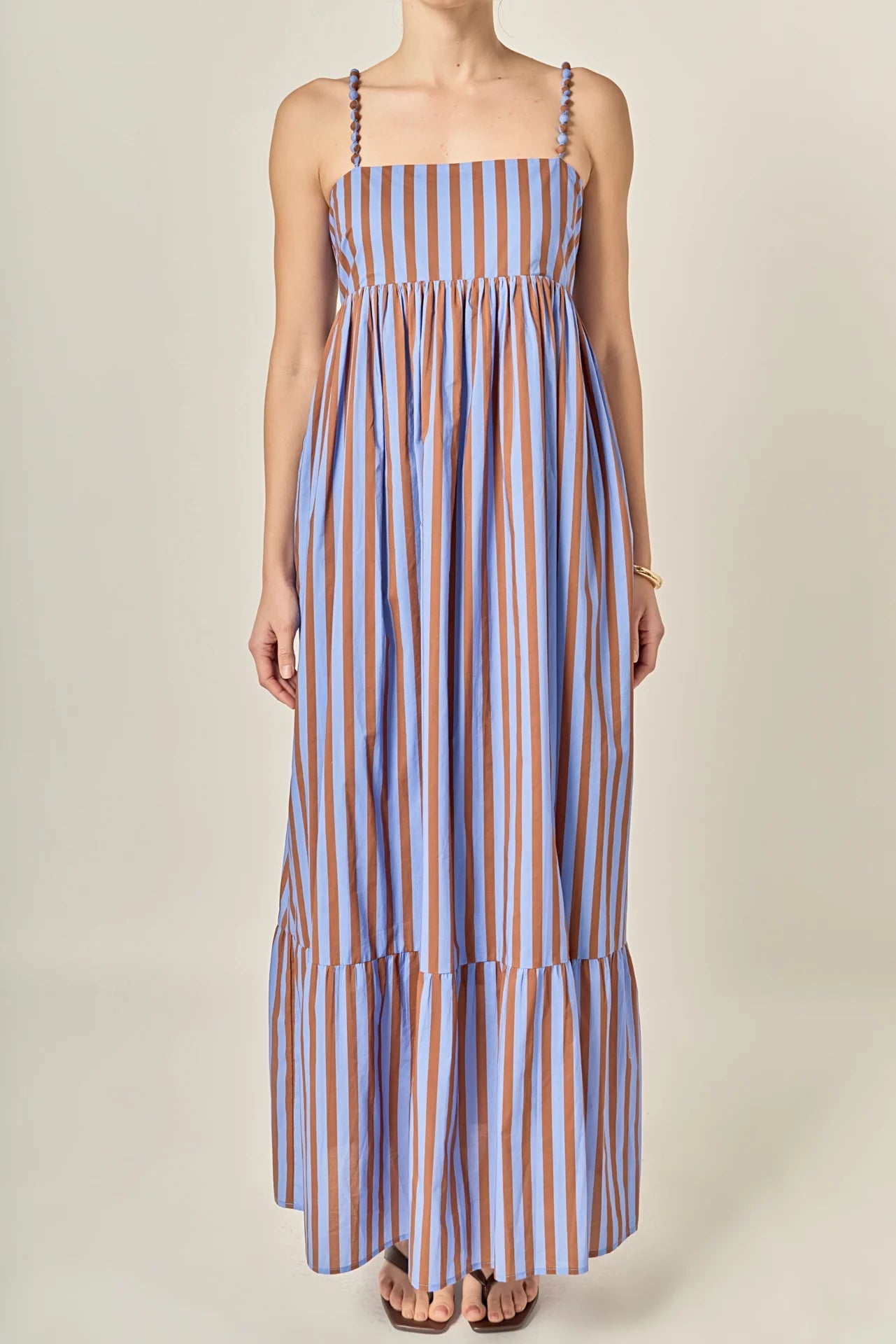 Bold Stripe Beaded Strap Maxi Dress - Blue/Brown Stripe