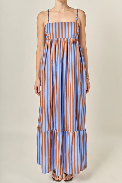 Bold Stripe Beaded Strap Maxi Dress - Blue/Brown Stripe
