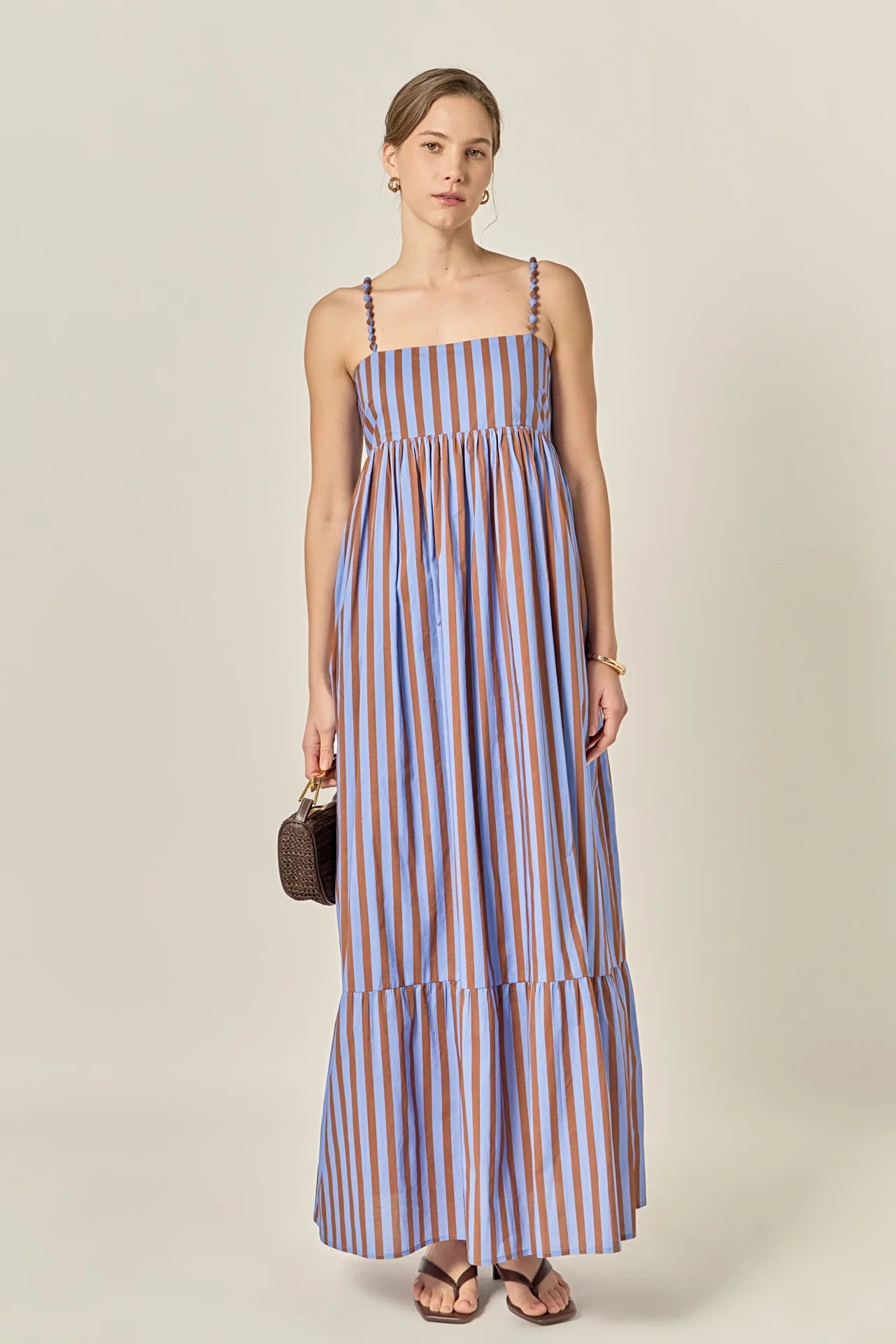 Bold Stripe Beaded Strap Maxi Dress - Blue/Brown Stripe