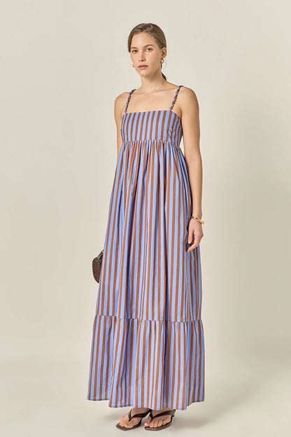 Bold Stripe Beaded Strap Maxi Dress - Blue/Brown Stripe