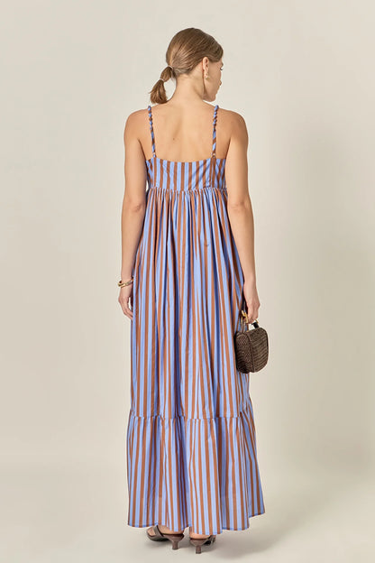Bold Stripe Beaded Strap Maxi Dress - Blue/Brown Stripe