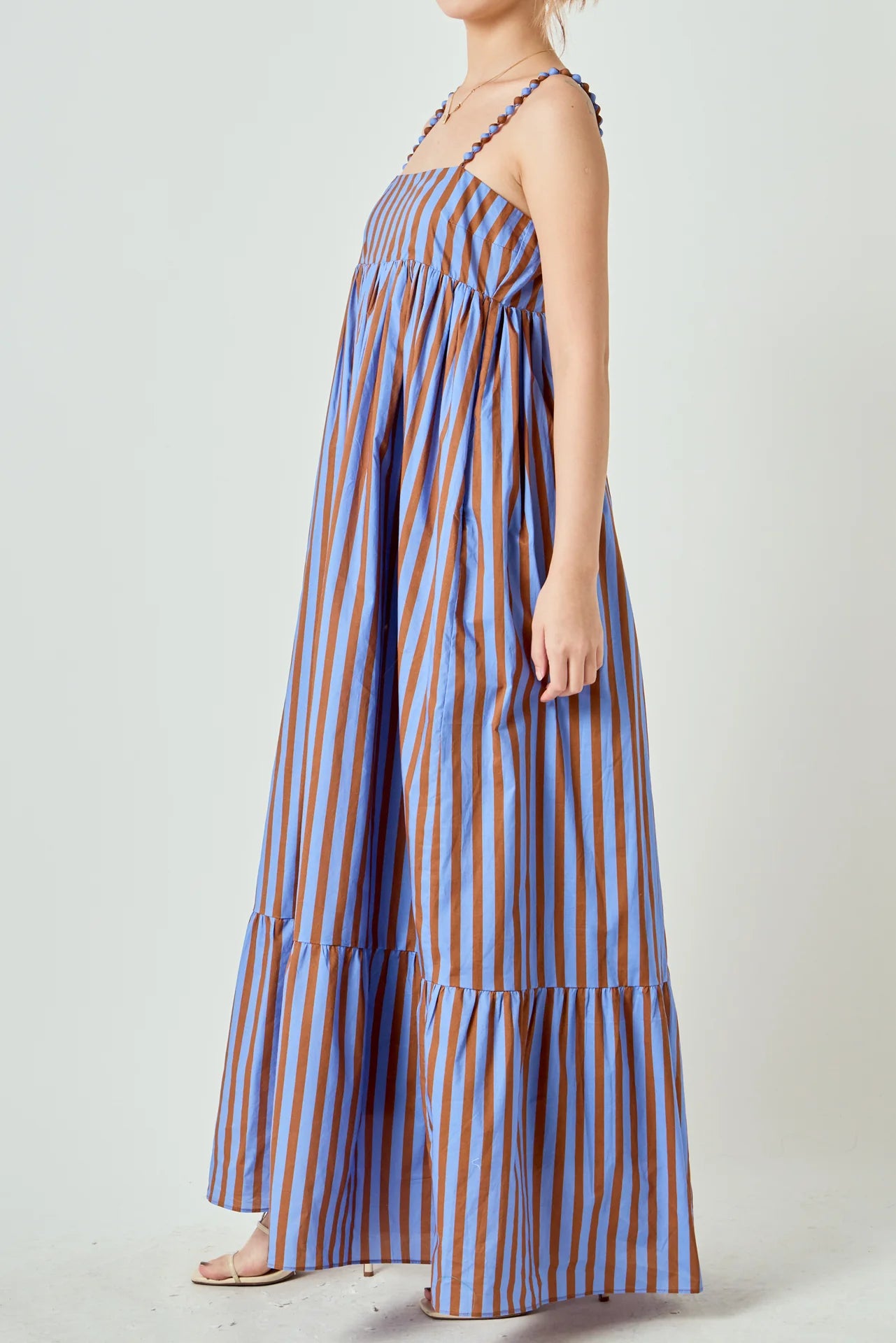 Bold Stripe Beaded Strap Maxi Dress - Blue/Brown Stripe