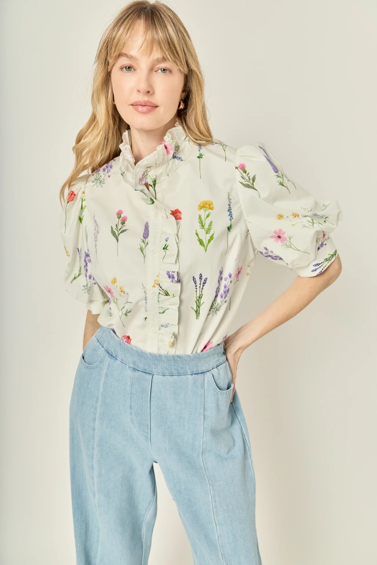 Ruffle Neck Button Down Blouse - White Multi