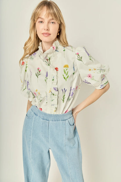 Ruffle Neck Button Down Blouse - White Multi